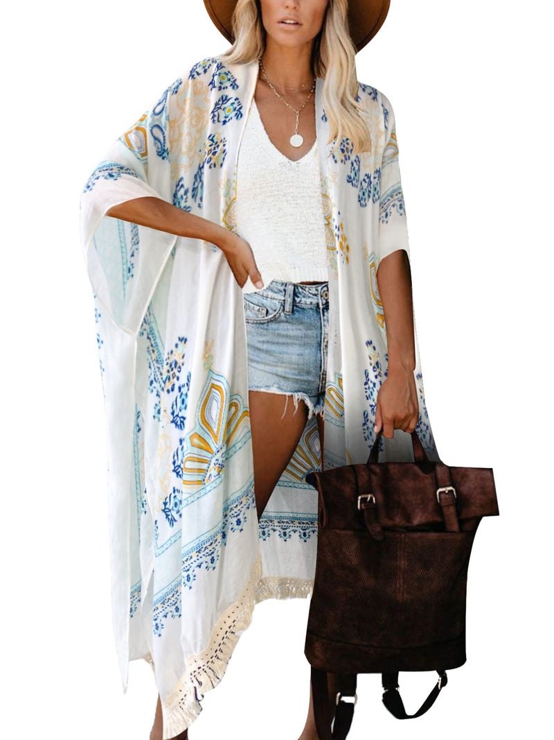 Breezy Lane White Kimonos for Women Swimsuit Coverup Beach Cardigans with Tassel Fringe Floral Print for Summer Vacation - Image 1